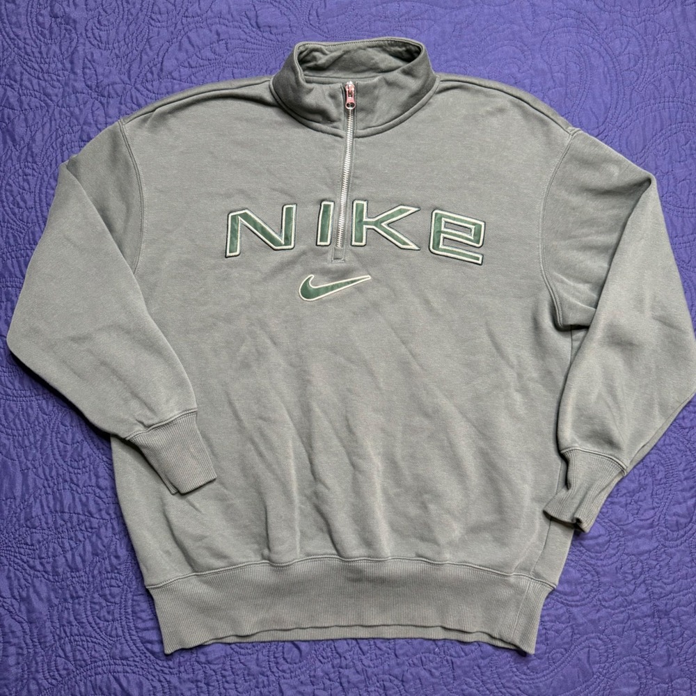 Nike Womens Vintage Spellout Quarter Zip Sweatshirt Pine Green XS Oversized